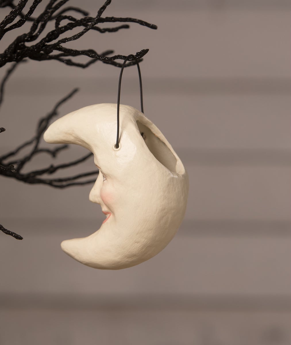 "White Moon Bucket Ornament, Paper Mache"