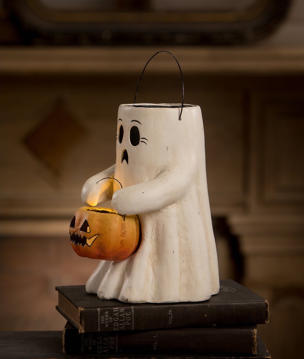 "Scaredy Boo Ghost with Pumpkin Bucket, Paper Mache"