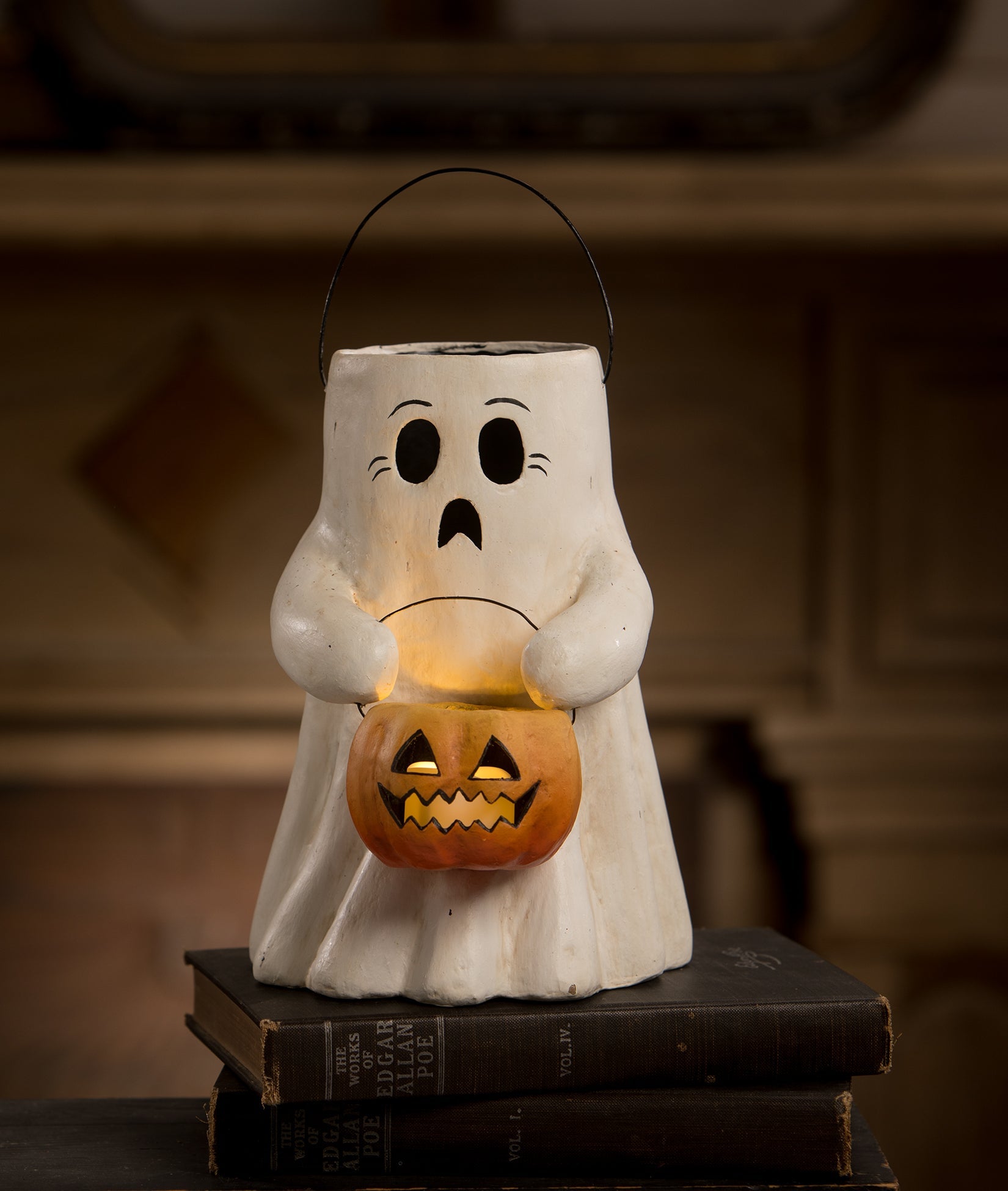 "Scaredy Boo Ghost with Pumpkin Bucket, Paper Mache"