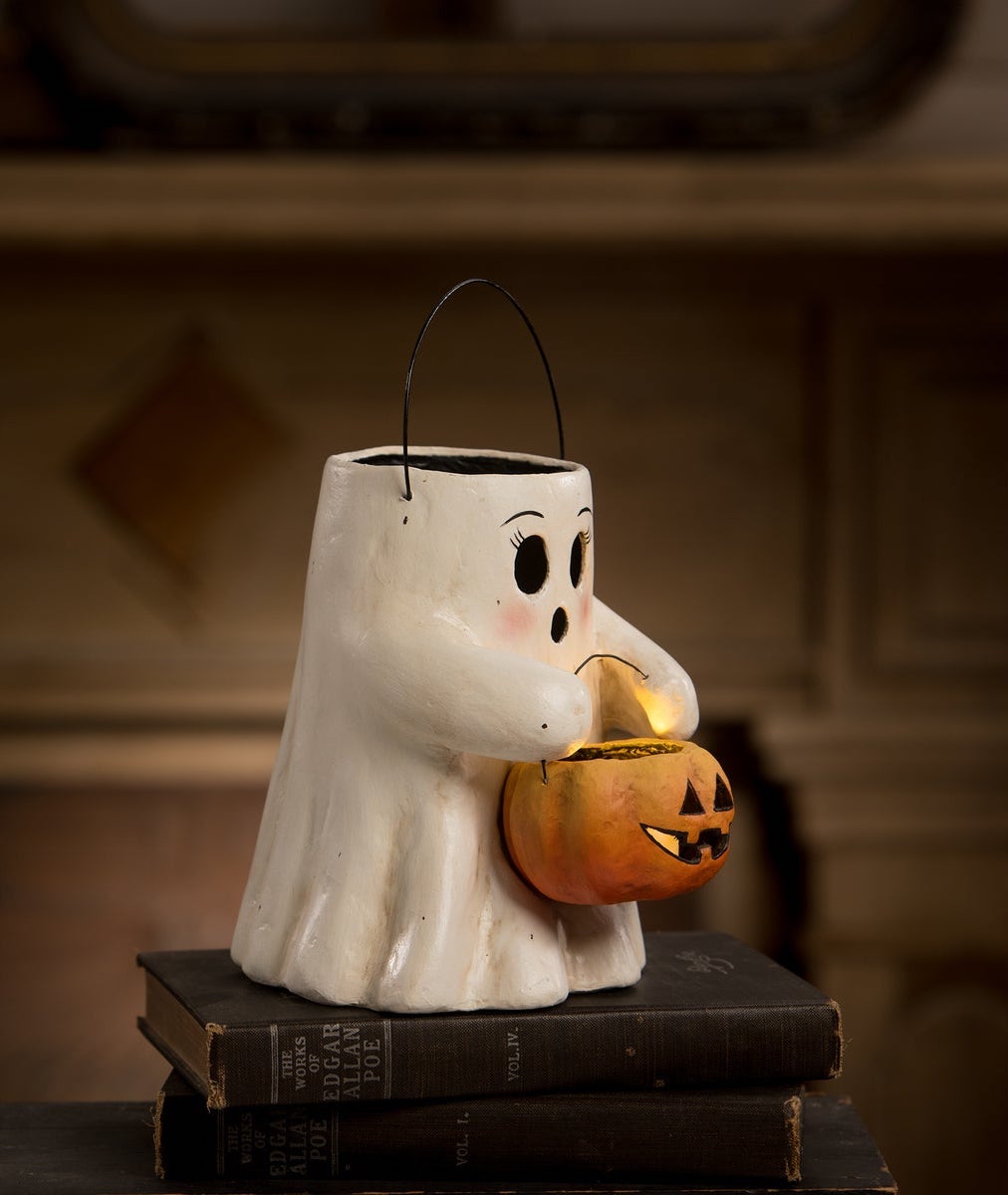 "Sweet Boo Ghost with Pumpkin Bucket, Paper Mache"