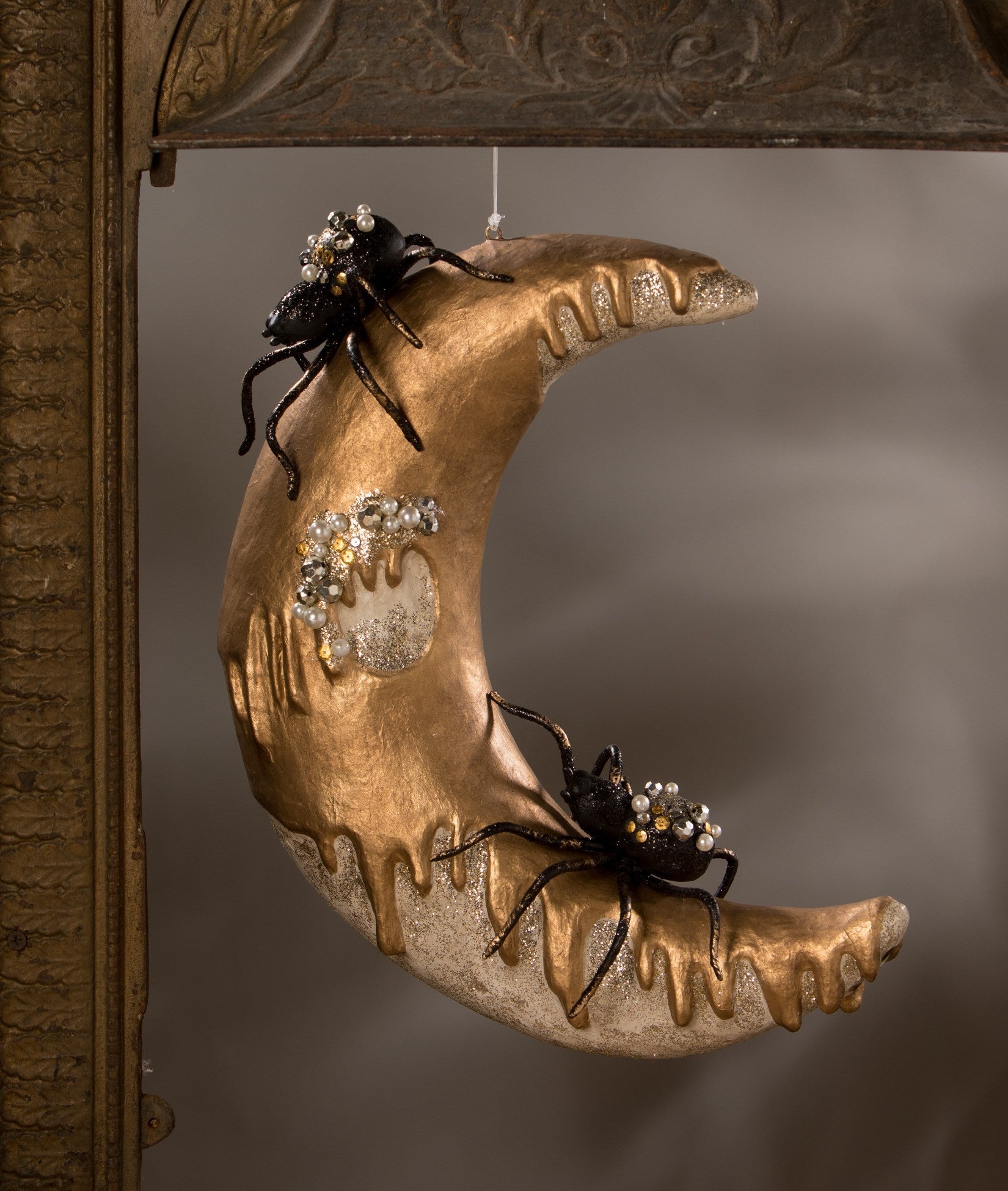 "Dripping Gold Moon with Spiders, Paper Mache"