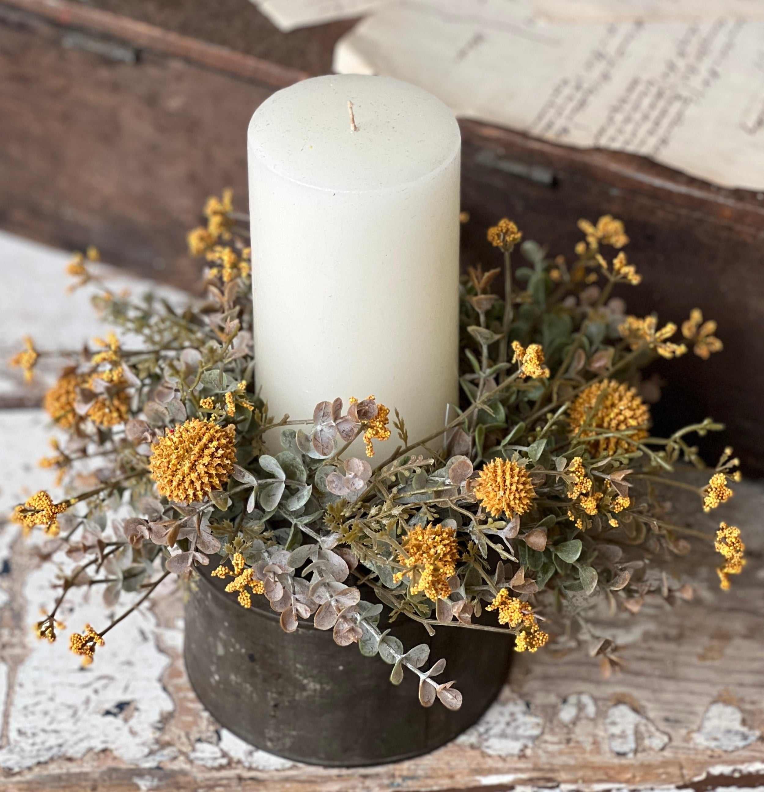 "Fall Flower Candle Ring, Mustard Yellow 10"""