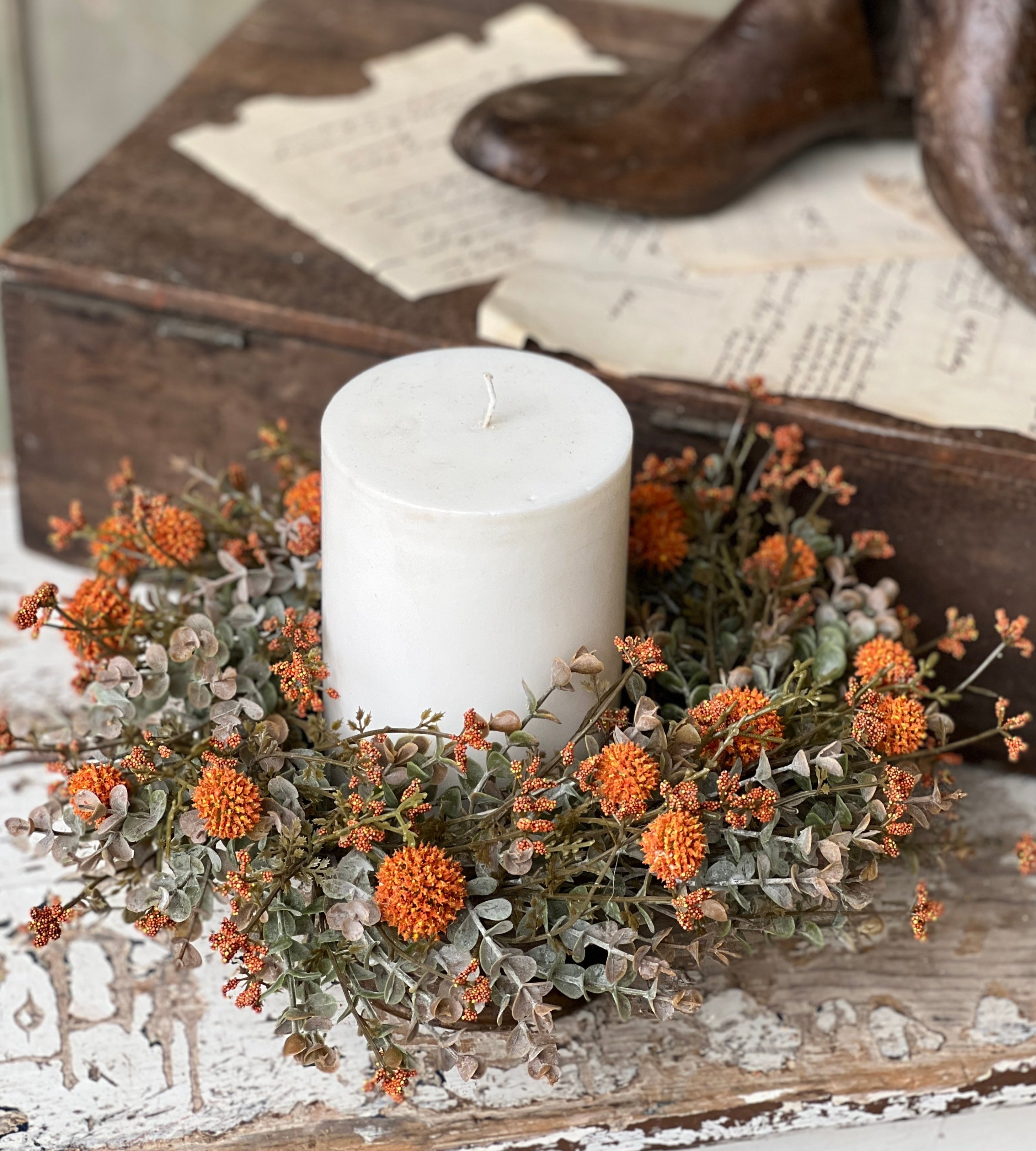 "Fall Flower Candle Ring, Orange"