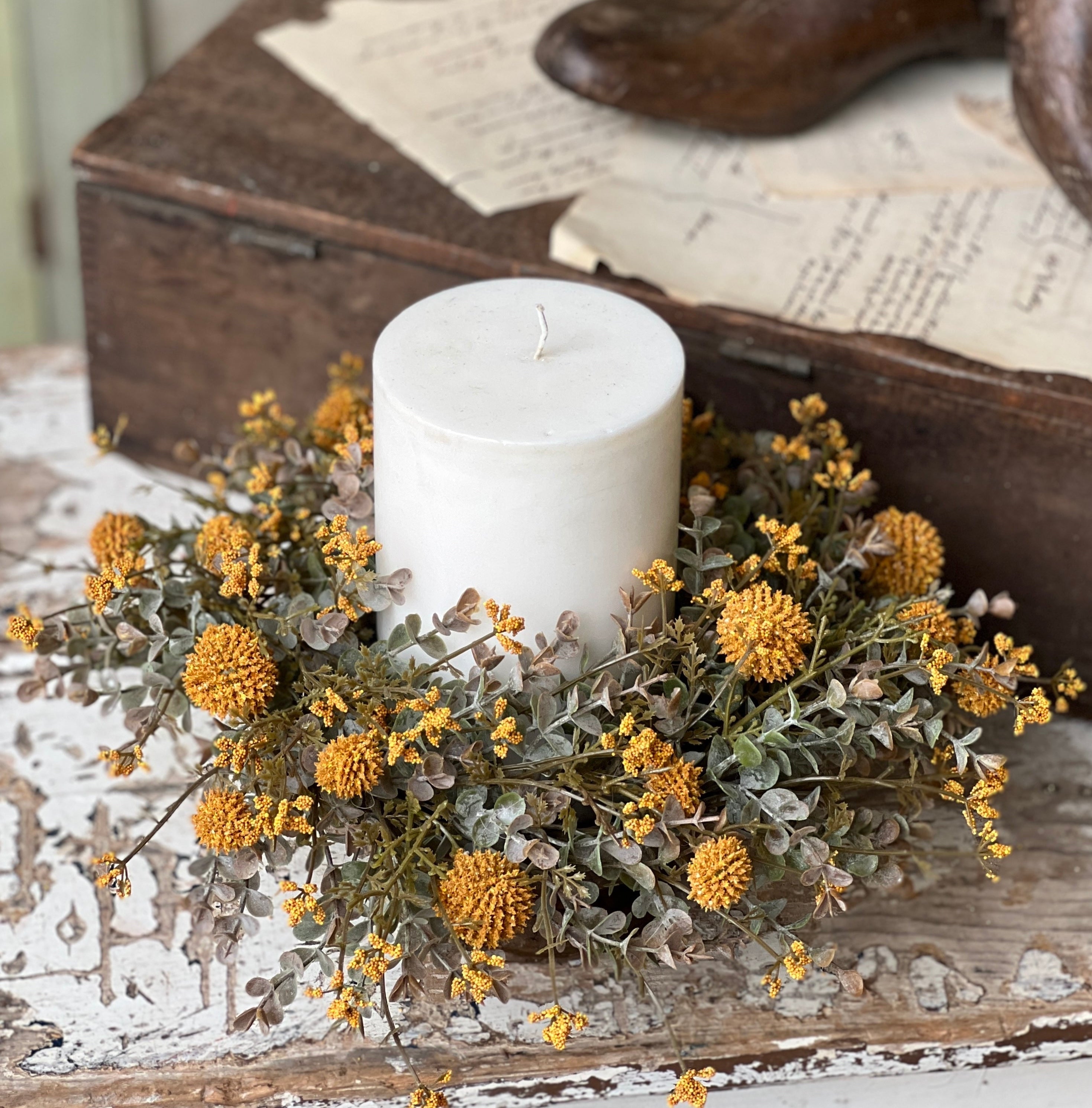 "Fall Flower Candle Ring, Mustard Yellow"