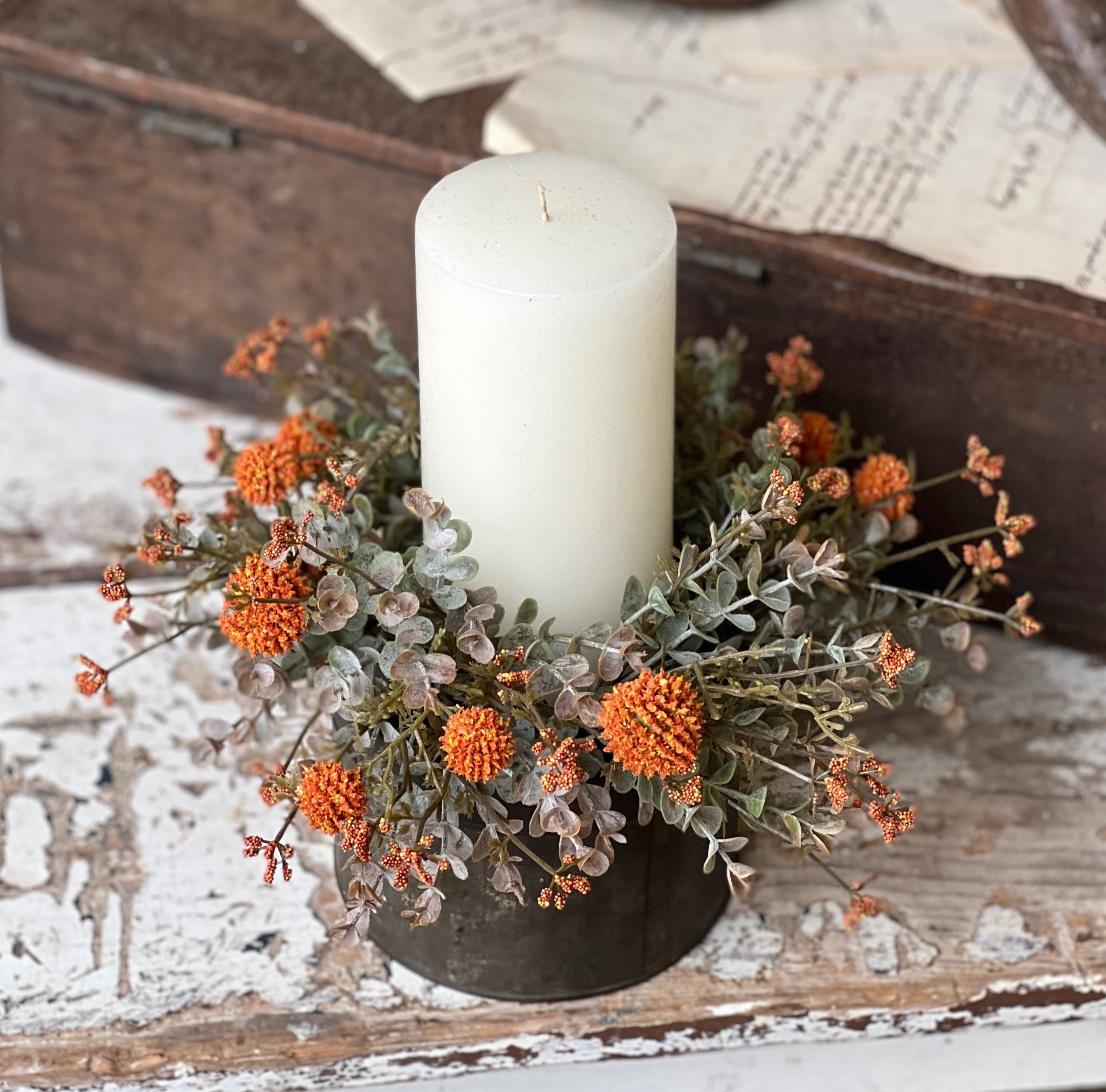 "Fall Flower Candle Ring, Orange 10"""