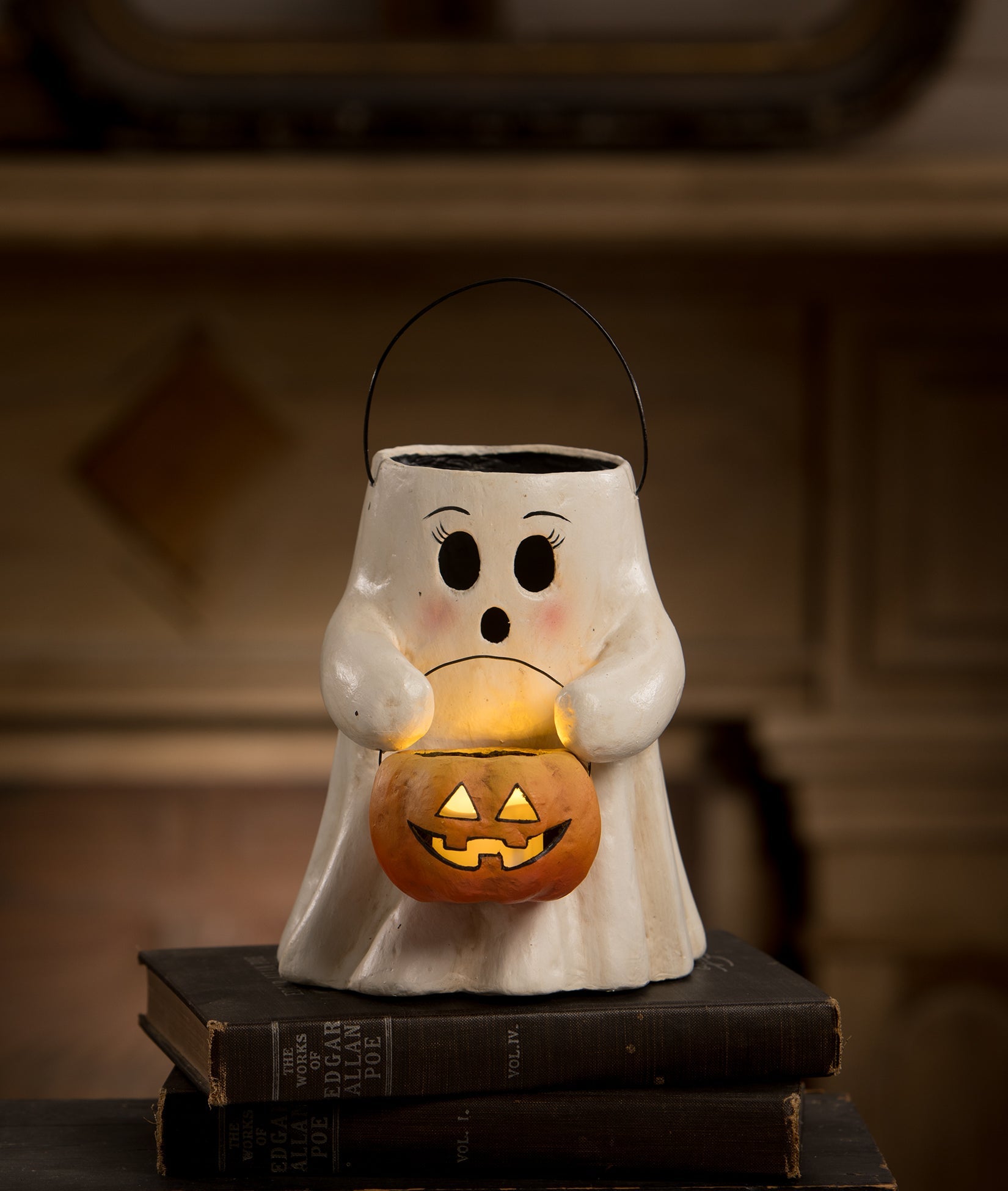"Sweet Boo Ghost with Pumpkin Bucket, Paper Mache"