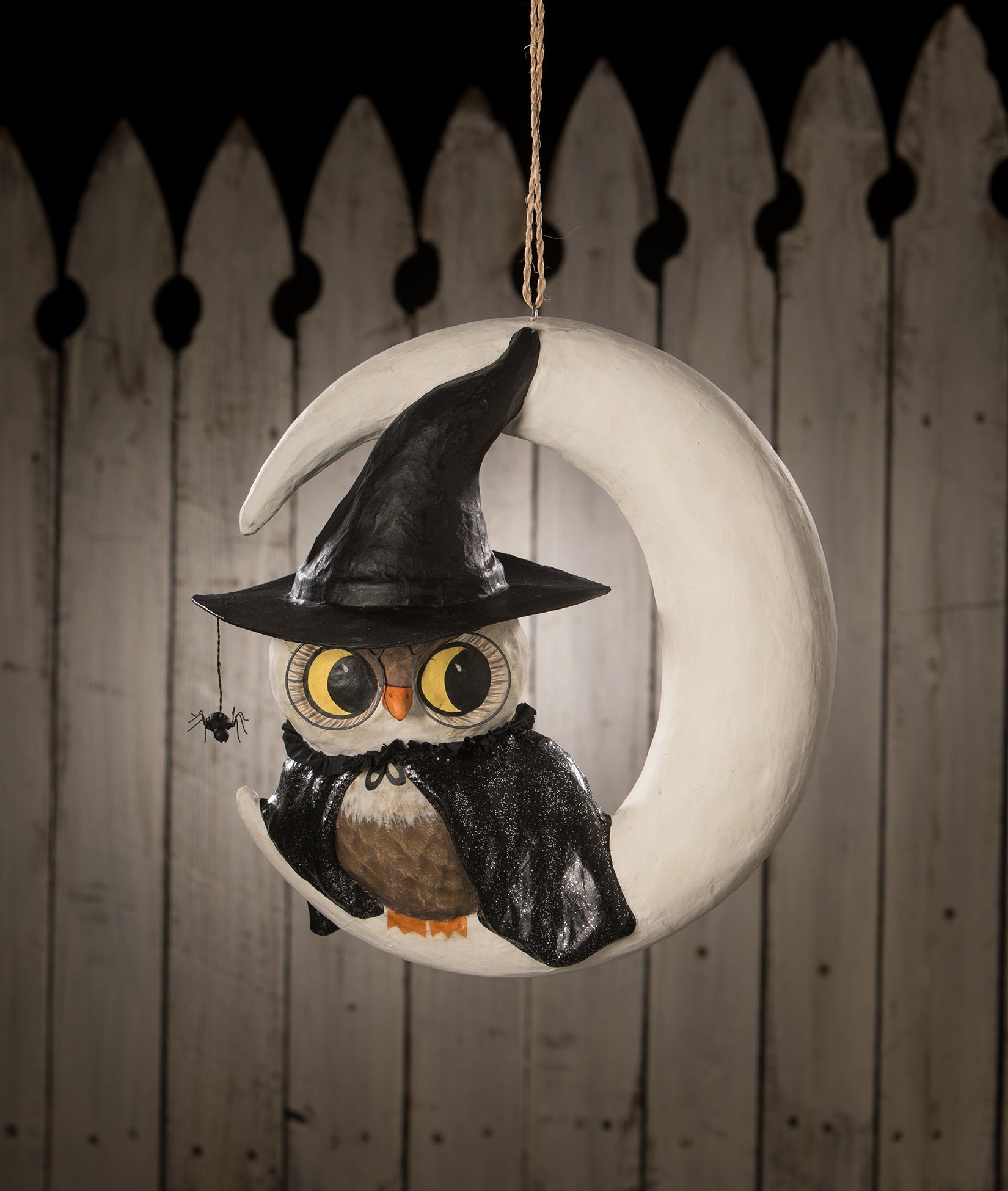 "Witch Owl on Moon, Paper Mache"